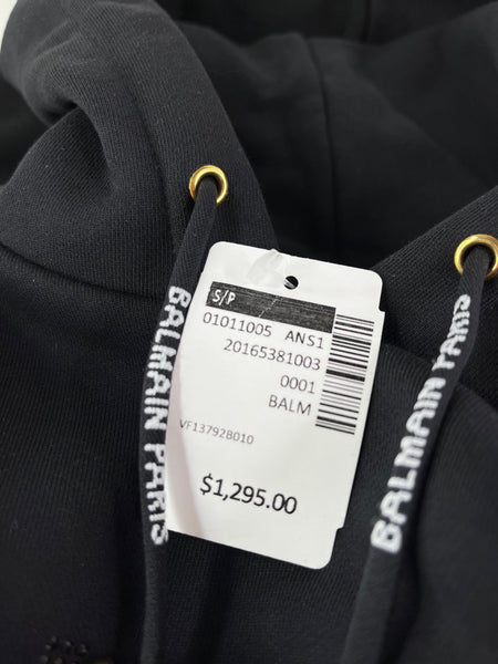 BALMAIN Black Strass Rhinestone Logo Crop Hoodie in Cotton Fleece Size Small