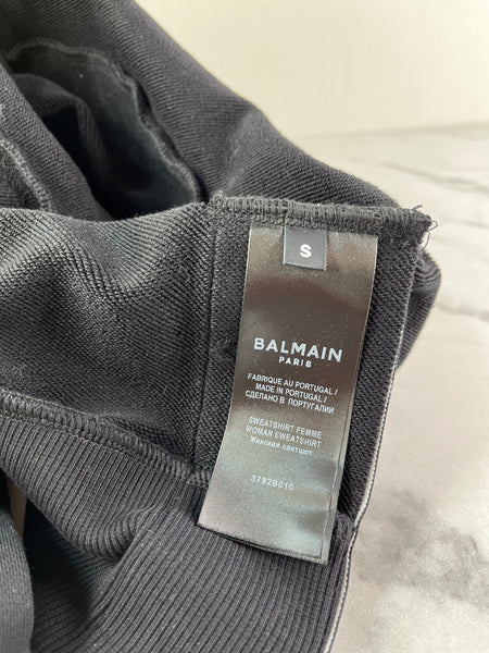 BALMAIN Black Strass Rhinestone Logo Crop Hoodie in Cotton Fleece Size Small