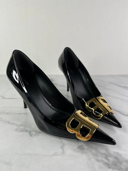 Balenciaga Black Patent Leather BB Knife Pumps Size 38