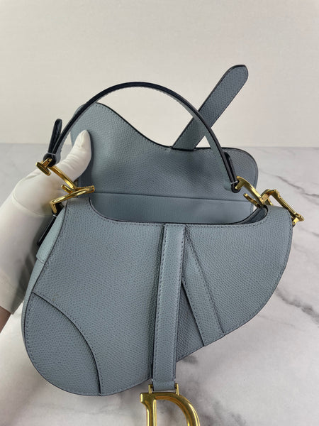 CHRISTIAN DIOR Sky Blue Grained Calfskin Mini Saddle Bag