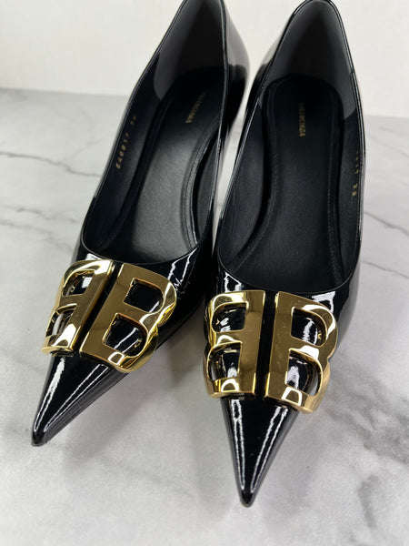 Balenciaga Black Patent Leather BB Knife Pumps Size 38