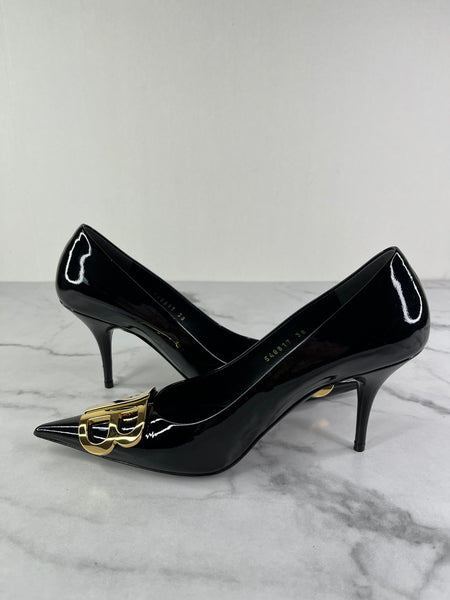 Balenciaga Black Patent Leather BB Knife Pumps Size 38