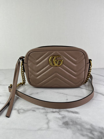 GUCCI Dusty Pink Calfskin Matelasse Mini GG Marmont Chain Shoulder/Crossbody Bag