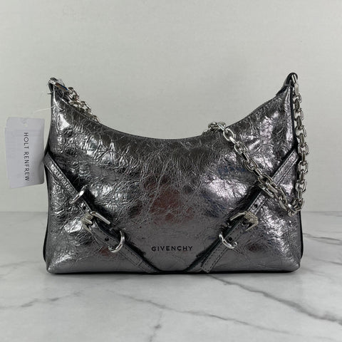 GIVENCHY Silvery Grey Metallic Voyou Party Leather Shoulder Bag