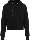 BALMAIN Black Strass Rhinestone Logo Crop Hoodie in Cotton Fleece Size Small