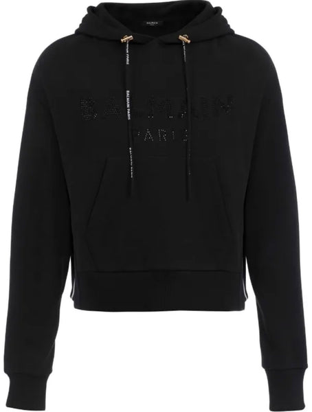 BALMAIN Black Strass Rhinestone Logo Crop Hoodie in Cotton Fleece Size Small