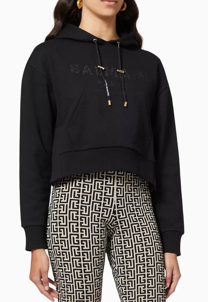 BALMAIN Black Strass Rhinestone Logo Crop Hoodie in Cotton Fleece Size Small