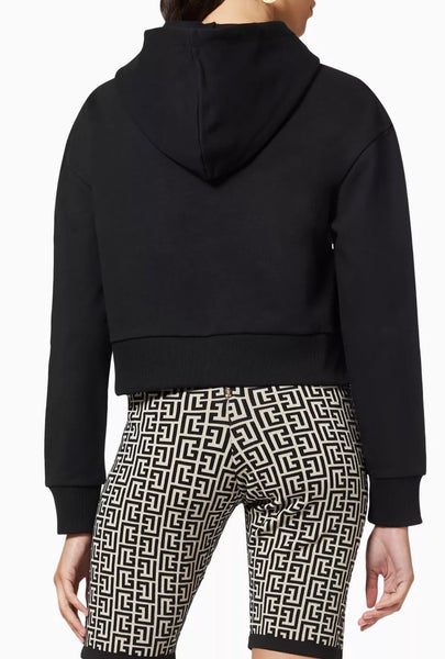 BALMAIN Black Strass Rhinestone Logo Crop Hoodie in Cotton Fleece Size Small