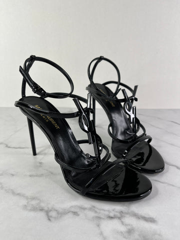 SAINT LAURENT Black Patent CASSANDRA Sandals Size 38