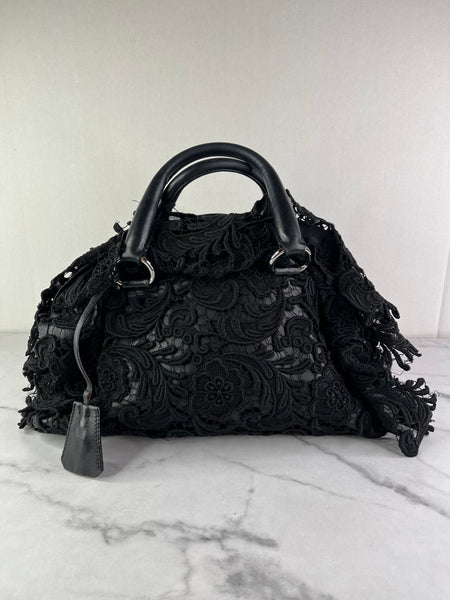 PRADA Black Lace And Leather Pizzo S Satchel Bag