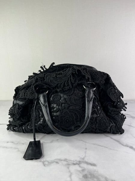 PRADA Black Lace And Leather Pizzo S Satchel Bag