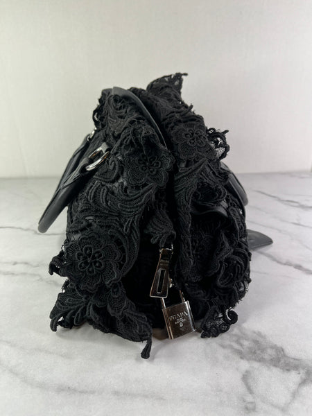 PRADA Black Lace And Leather Pizzo S Satchel Bag