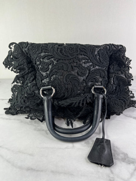 PRADA Black Lace And Leather Pizzo S Satchel Bag
