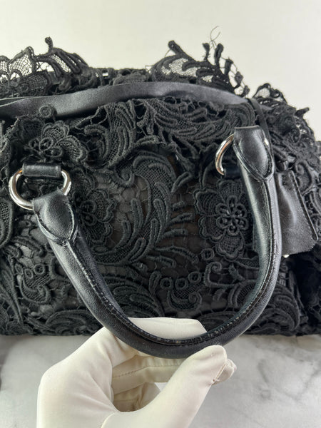 PRADA Black Lace And Leather Pizzo S Satchel Bag