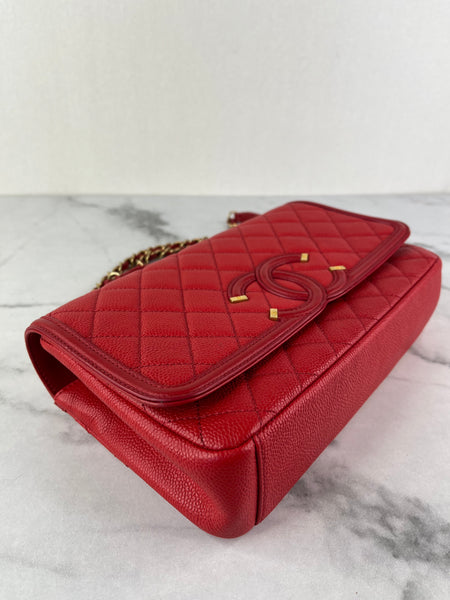 CHANEL Red Caviar Quilted Medium CC Filigree Flap Crossbody/Shoulder Bag