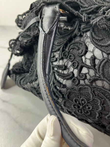 PRADA Black Lace And Leather Pizzo S Satchel Bag