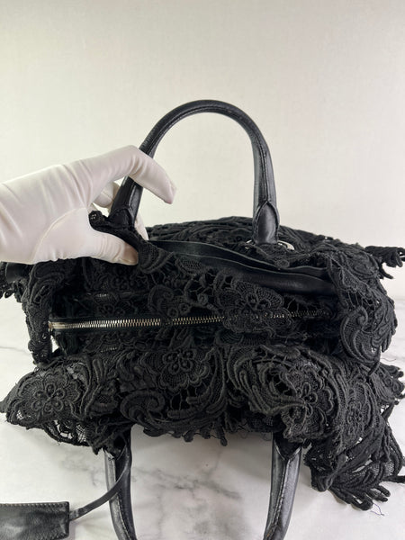 PRADA Black Lace And Leather Pizzo S Satchel Bag