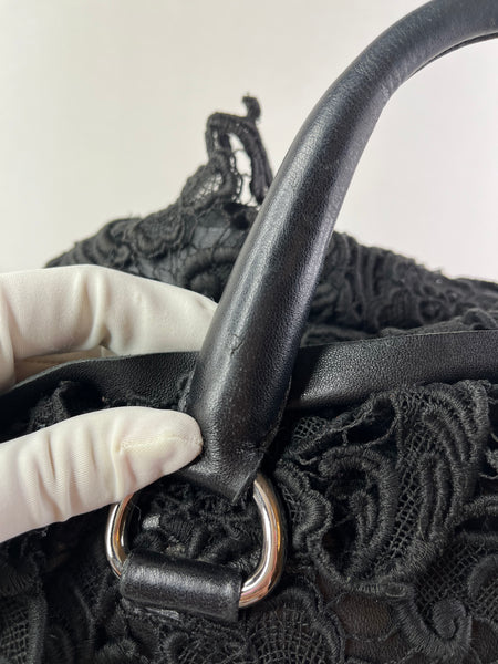 PRADA Black Lace And Leather Pizzo S Satchel Bag
