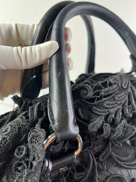 PRADA Black Lace And Leather Pizzo S Satchel Bag
