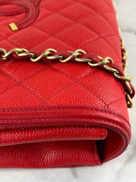 CHANEL Red Caviar Quilted Medium CC Filigree Flap Crossbody/Shoulder Bag