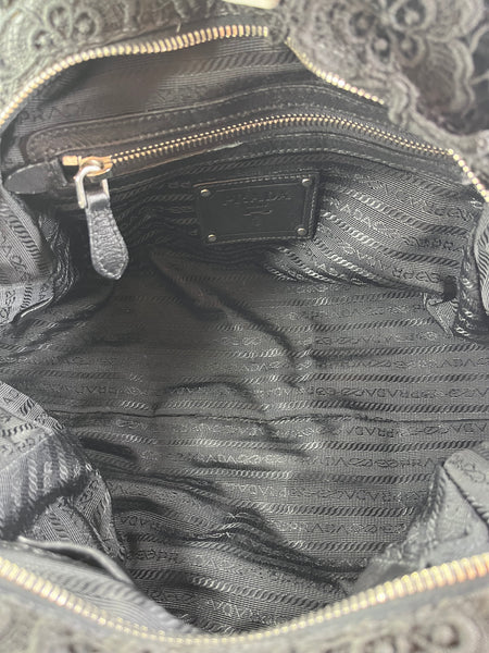 PRADA Black Lace And Leather Pizzo S Satchel Bag