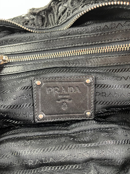 PRADA Black Lace And Leather Pizzo S Satchel Bag