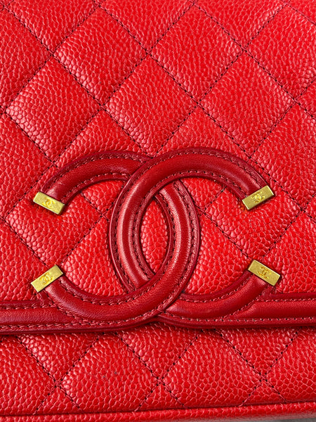 CHANEL Red Caviar Quilted Medium CC Filigree Flap Crossbody/Shoulder Bag
