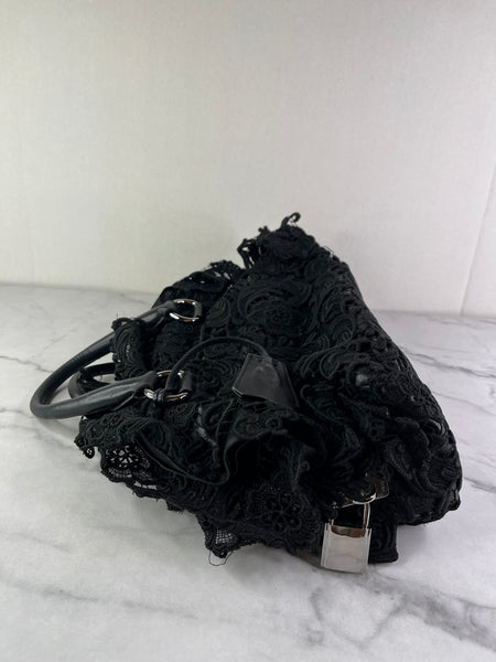 PRADA Black Lace And Leather Pizzo S Satchel Bag