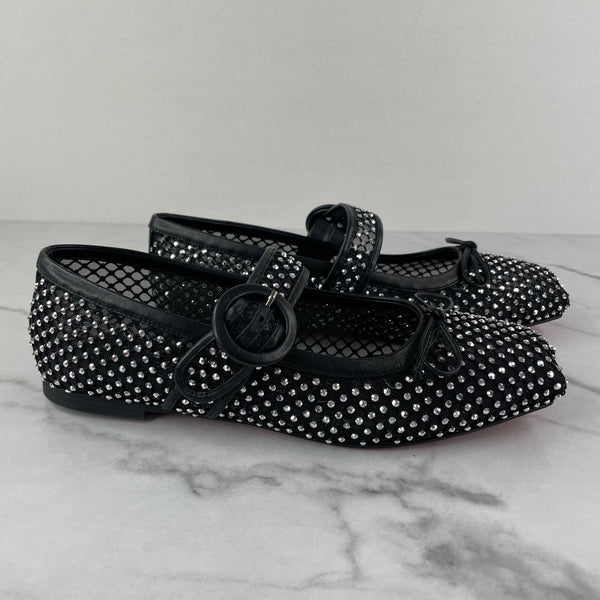 CHRISTIAN LOUBOUTIN Black Strass Crystal Mamastrapitina embellished mesh ballet flats Size 37.5