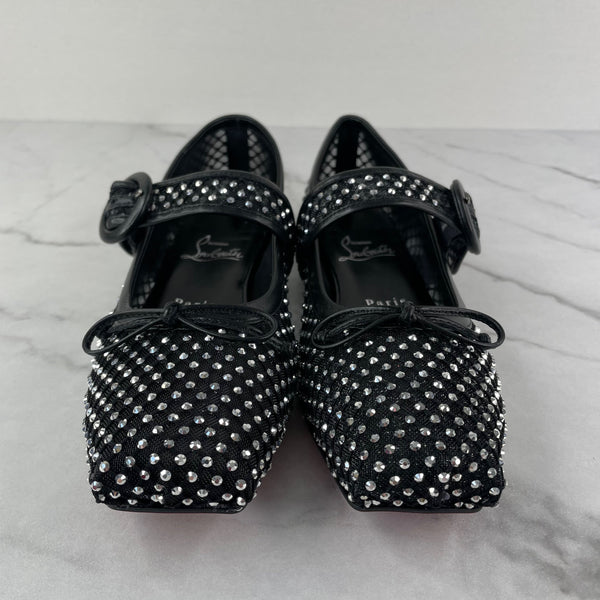 CHRISTIAN LOUBOUTIN Black Strass Crystal Mamastrapitina embellished mesh ballet flats Size 37.5