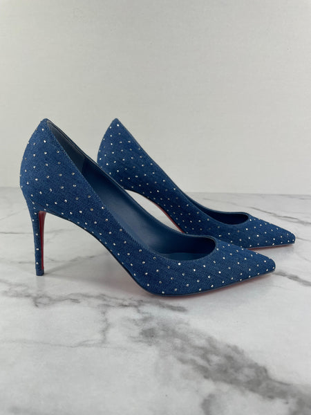 CHRISTIAN LOUBOUTIN Blue Kate 85 embellished denim pumps Size 36