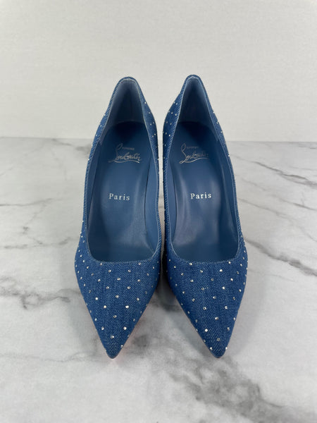 CHRISTIAN LOUBOUTIN Blue Kate 85 embellished denim pumps Size 36