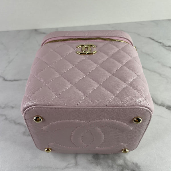 CHANEL Rose Clair (Light Pink) Caviar Quilted Small Top Handle Vanity Case With Chain Shoulder Bag