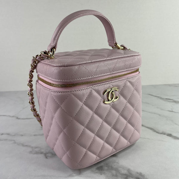 CHANEL Rose Clair (Light Pink) Caviar Quilted Small Top Handle Vanity Case With Chain Shoulder Bag