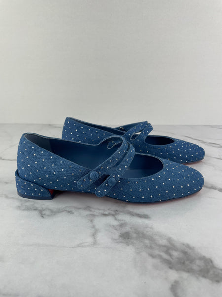 CHRISTIAN LOUBOUTIN Blue Sweet Jane embellished denim Mary Jane flats Size 36