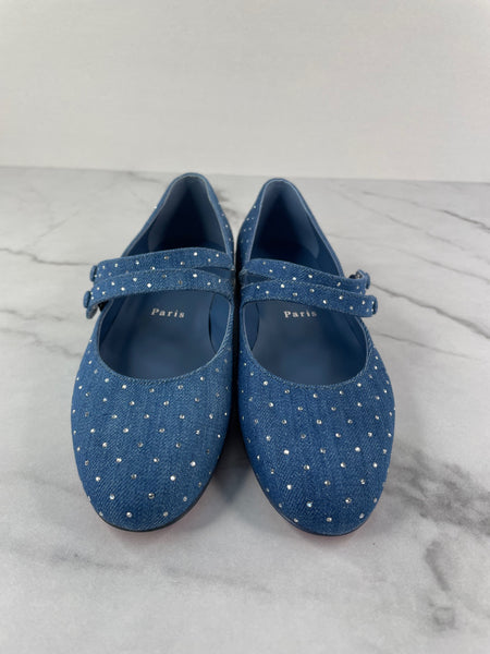 CHRISTIAN LOUBOUTIN Blue Sweet Jane embellished denim Mary Jane flats Size 36