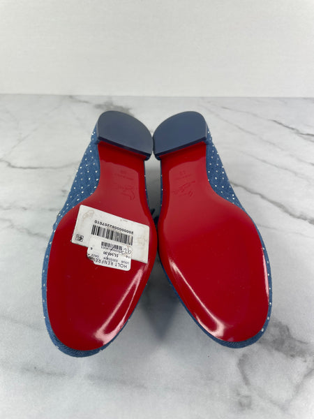 CHRISTIAN LOUBOUTIN Blue Sweet Jane embellished denim Mary Jane flats Size 36