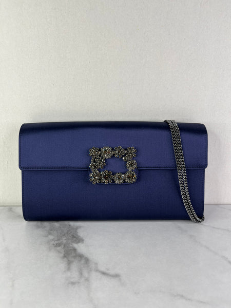 ROGER VIVIER Blue Efflorescence Embellished Flower Buckle Satin Envelope Flap Clutch/Crossbody/Shoulder Bag