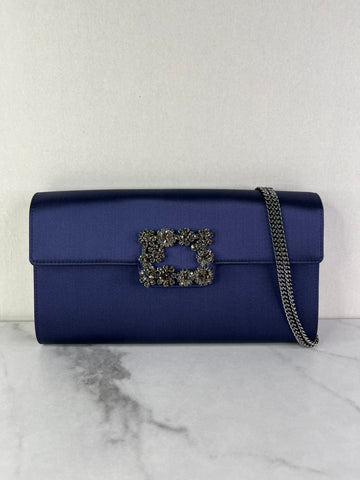 ROGER VIVIER Blue Efflorescence Embellished Flower Buckle Satin Envelope Flap Clutch/Crossbody/Shoulder Bag