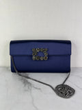 ROGER VIVIER Blue Efflorescence Embellished Flower Buckle Satin Envelope Flap Clutch/Crossbody/Shoulder Bag