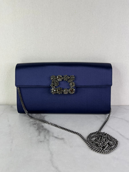 ROGER VIVIER Blue Efflorescence Embellished Flower Buckle Satin Envelope Flap Clutch/Crossbody/Shoulder Bag