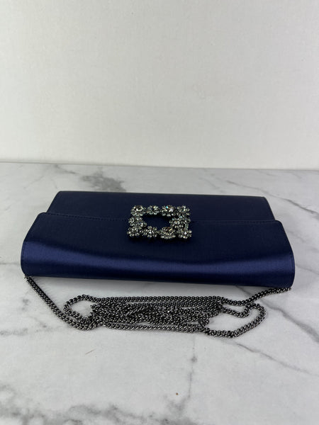 ROGER VIVIER Blue Efflorescence Embellished Flower Buckle Satin Envelope Flap Clutch/Crossbody/Shoulder Bag