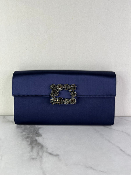 ROGER VIVIER Blue Efflorescence Embellished Flower Buckle Satin Envelope Flap Clutch/Crossbody/Shoulder Bag