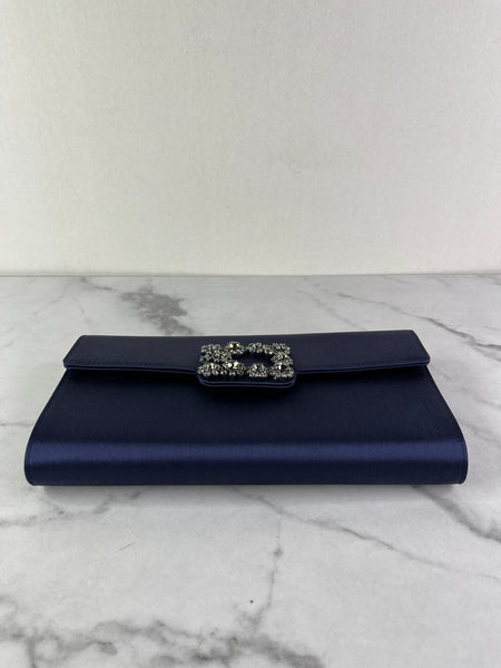 ROGER VIVIER Blue Efflorescence Embellished Flower Buckle Satin Envelope Flap Clutch/Crossbody/Shoulder Bag