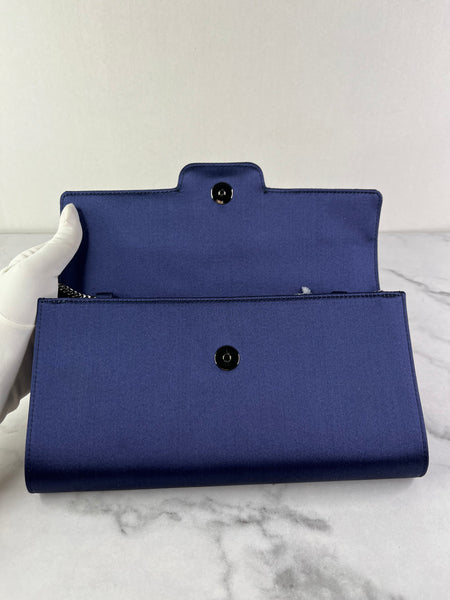 ROGER VIVIER Blue Efflorescence Embellished Flower Buckle Satin Envelope Flap Clutch/Crossbody/Shoulder Bag
