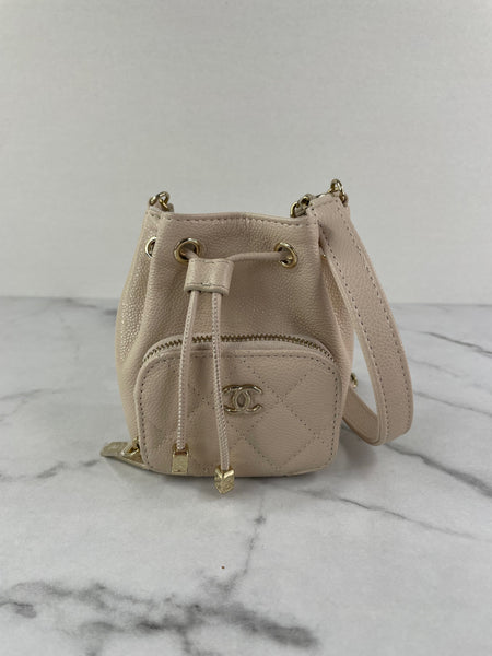 CHANEL Beige Caviar Quilted Mini CC Bucket Crossbody/Shoulder Bag