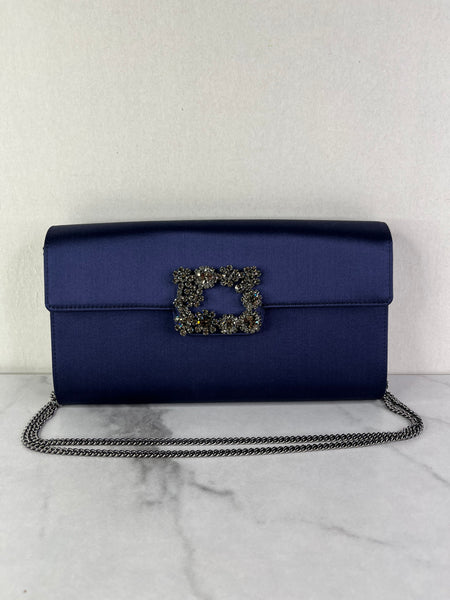 ROGER VIVIER Blue Efflorescence Embellished Flower Buckle Satin Envelope Flap Clutch/Crossbody/Shoulder Bag