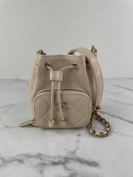 CHANEL Beige Caviar Quilted Mini CC Bucket Crossbody/Shoulder Bag