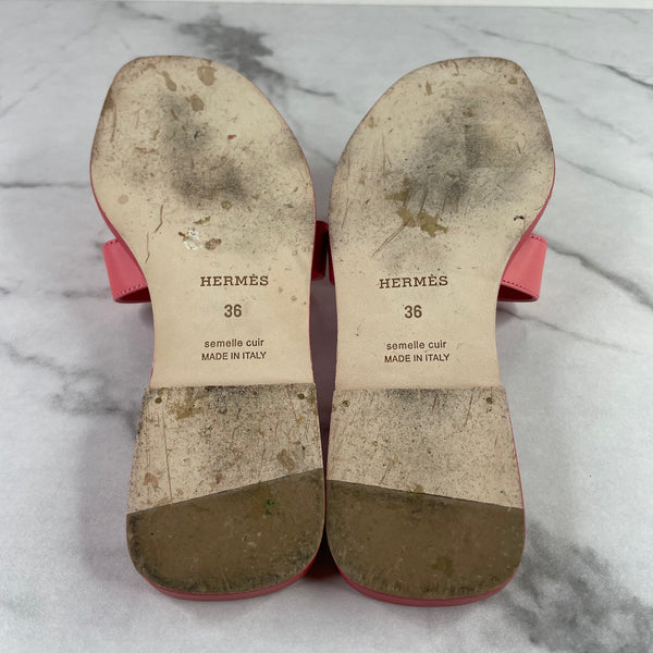 HERMES Rose Boise Pink Box Calfskin Oran Sandals Size 36