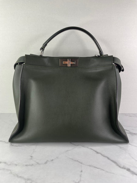 Fendi Verde Prato (Dark Green) Vitello Seta Shiny Nappa Large Peekaboo Iconic Satchel